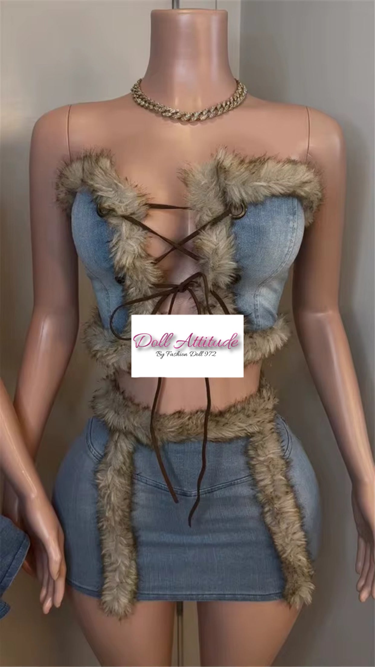 Ensemble jupe jean fourrure