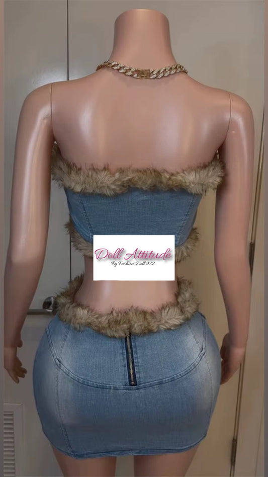 Ensemble jupe jean fourrure