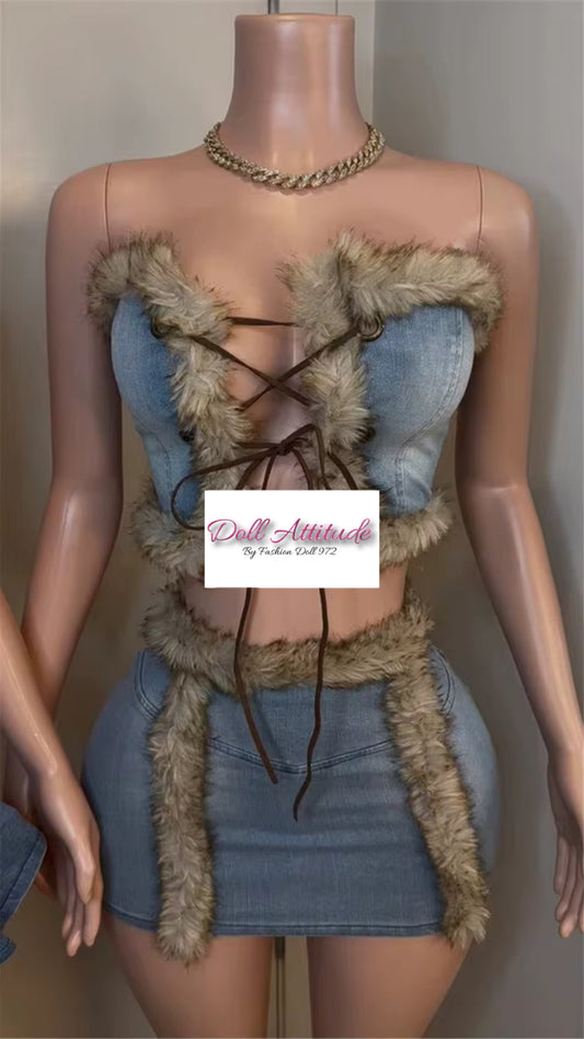 Ensemble jupe jean fourrure